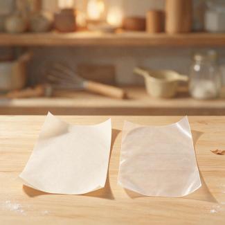 Baking paper and greaseproof paper side by side on a preparation counter
