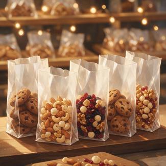 Glassine paper bags holding dry goods on a bakery display shelf