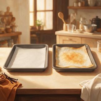 Two baking trays comparing a fresh and a used silicone-coated paper sheet