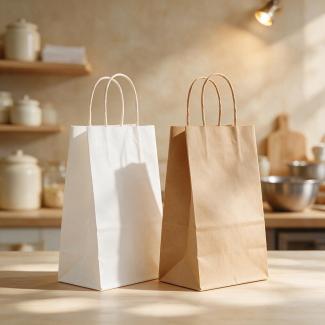 White kraft and natural kraft paper bags side by side