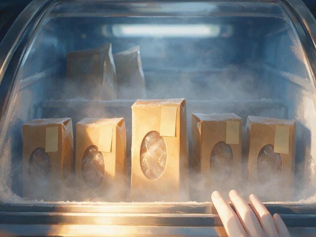 Labelled frozen food packs in a supermarket freezer cabinet
