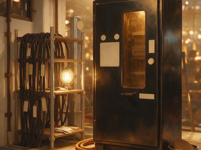 Labelled electrical control cabinet and cables in an industrial workshop