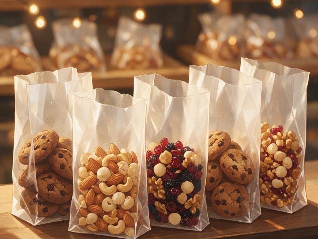 Glassine paper bags holding dry goods on a bakery display shelf