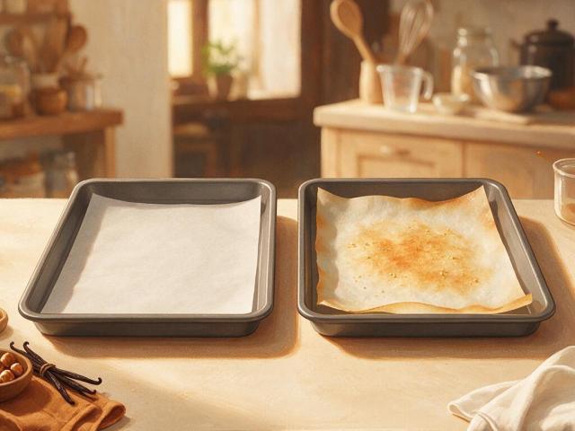 Two baking trays comparing a fresh and a used silicone-coated paper sheet