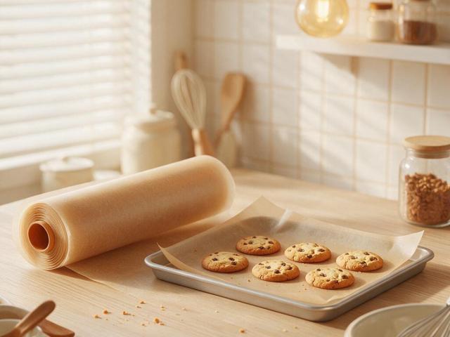 Vegetable parchment paper roll and a lined baking tray with cookies